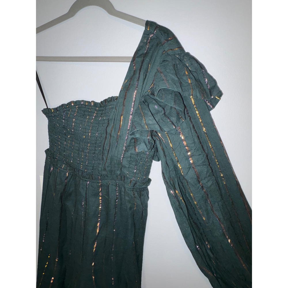 Farm Rio Anthropologie Green Metallic Striped One Shoulder Wide Leg Jumpsuit NEW - Picture 4 of 10